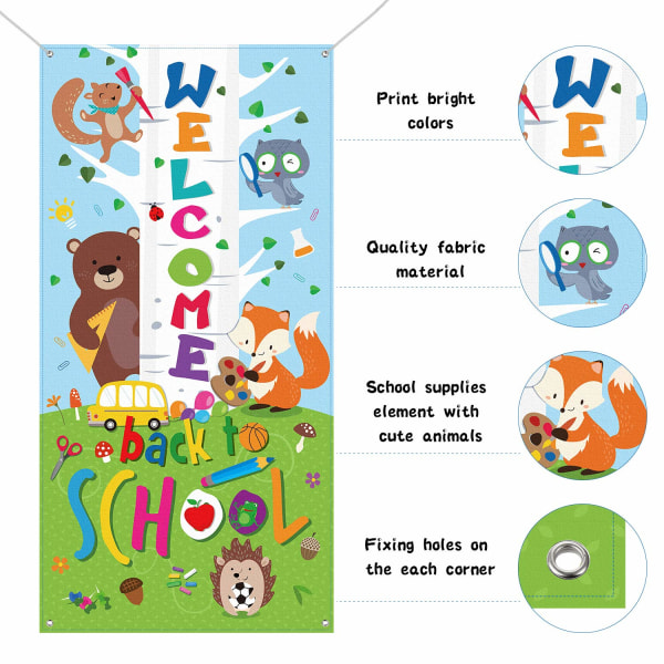 Welcome Back To School Banner, First Day of School Door Cover Woodland Animal Friends Photo Backdrop for Classroom School Party Decorations Supplies