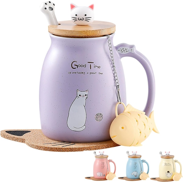 Kattmugg Söt Keramisk Kaffekopp med Söt Kattlock Rostfritt Stål Sked, Nyhet Morgonkopp Te Mjölk Presenter Jul, Lila