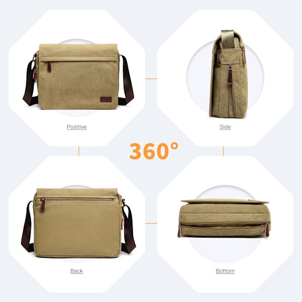 Messenger Bags, Herr Canvas Axelväska Retro Laptop Portfölj med Flera Fack för Skola Resor Affärer, Passar för 13 Tums Laptop（Khaki） Khaki