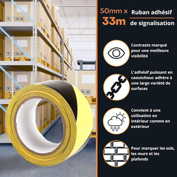 Adhesiv signalteip, Signal Safety Adhesive Tape, 50 mm x 33 m per rull, for gulvmerking, svart, gule striper