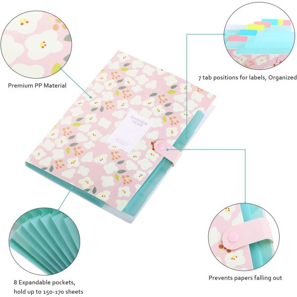 Laajennettava Expanding File, Expanding File Folder A4, Expanding File Organiser 6 taskulla, Filing Folder Organiser, Kukkapainatut kansiot, Pinkki Pink