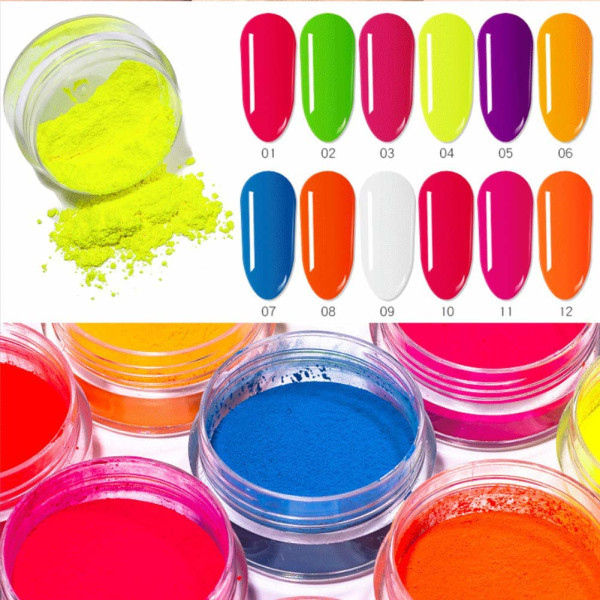 12 väriä Pigment-kynsipuuteri, Pigment Nail Super Bright Neon Powder Fluoresoiva kynsipuuteri