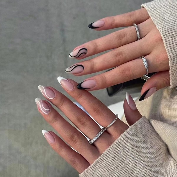 24st korta ovala lösnaglar franska svarta vita kantpress på naglar Avtagbara påklistrade naglar Cover akryl falska naglar kvinnor tjejer