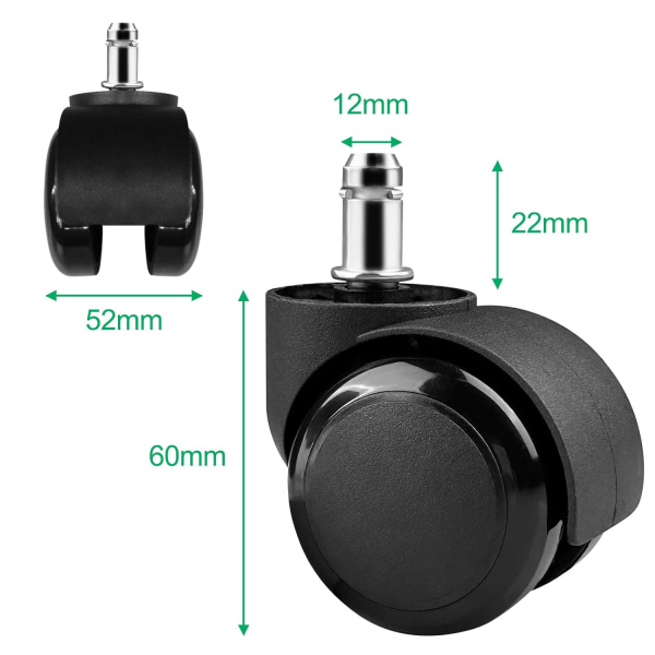 Pieces Kontorstol Caster Wheels 11 x 22mm 360° Rotation til Gaming Stole, Lydløse No-Scratch Udskiftningshjul, Sort