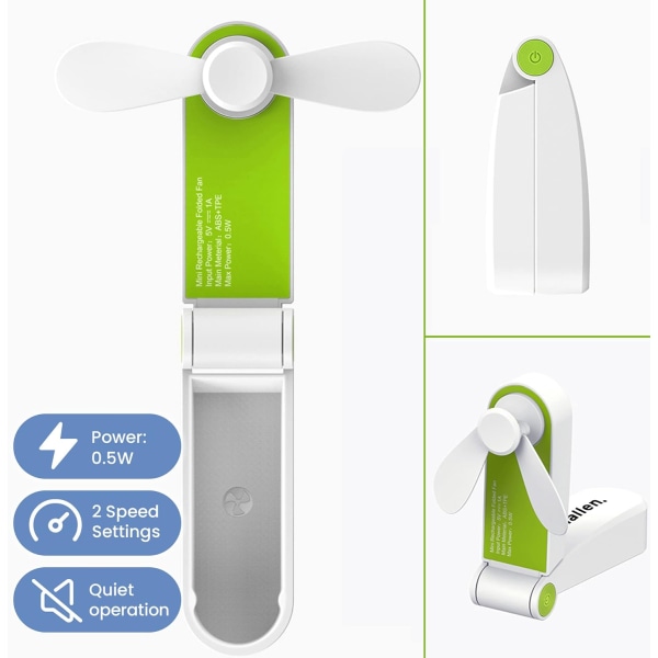 Handhållen minifläkt Bärbar hopfällbar fickfläkt USB laddningsbar laddningsbordsfläkt Små resefläktar för hem, kontor, resor, camping (grön) Green