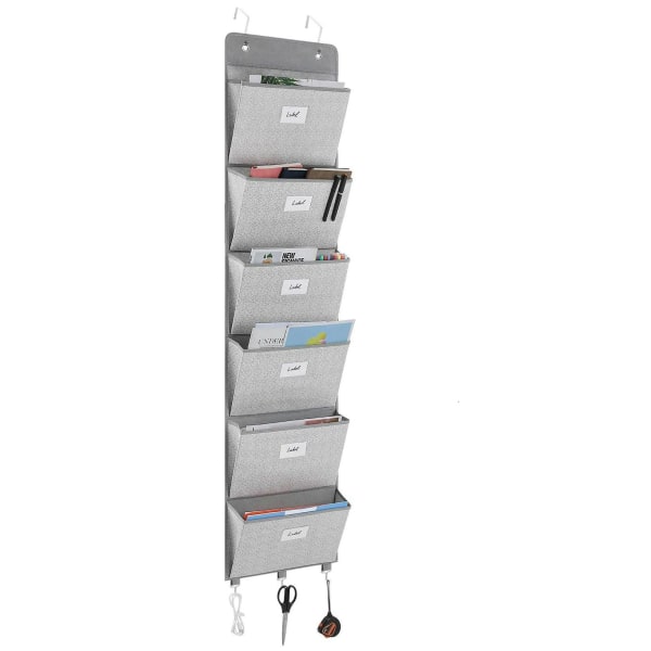 Hængende væg-mappeorganisator - overdørs opbevaringsmagasinholder med 6 store lommer (grå)