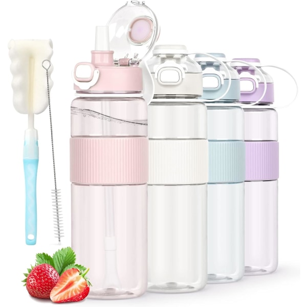 Vattenflaska med sugrör, 1 l med flaskborste och klistermärke, läckagefri dryckesflaska, BPA-fri klarvattenflaska Pink