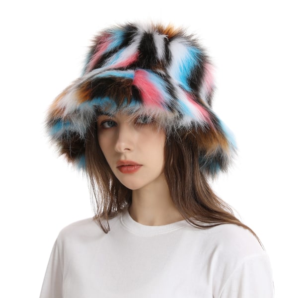 Vinterluer for kvinner imitert pels bøttelue Leopardprint Fisherman Hat Cap Vintage Warm Hat colorful