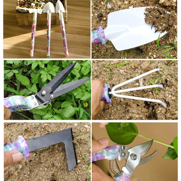 Trädgårdsredskap med 10 delar med sax, spadar, krattor och spruta ergonomiskt handtag (lila)