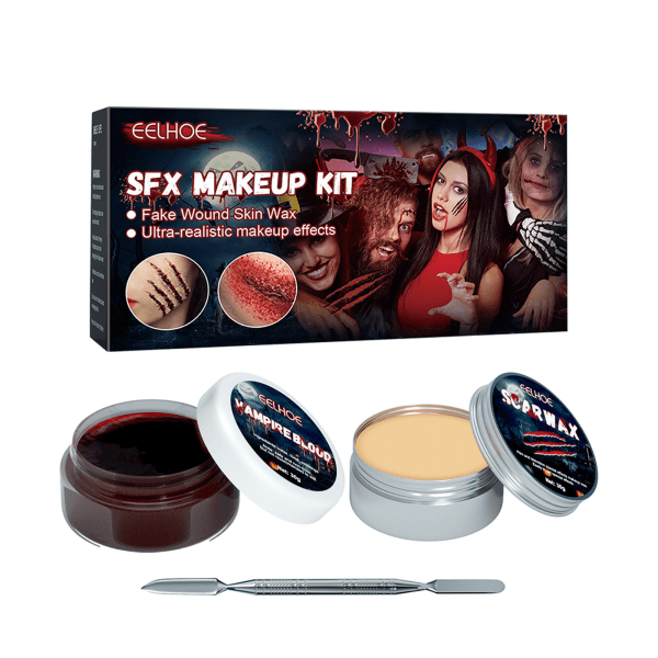 Halloween Special Effects Makeup Kit ,Falsk sårstøbning modellering af arvoks med spatel og koaguleret blodgel ,Halloween Stage Makeup Hudvoks