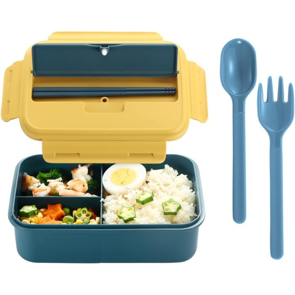 Bento-låda för barn Vuxna, matbehållare med 3 fack för bestickset Lunchlåda, BPA-fri (blå-gul) Blue-Yellow