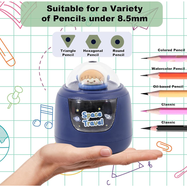 Elektrisk blyantspisser for barn, kraftig spiralbladspisser, to strømmodus, avtakbart silikonetui (blå)