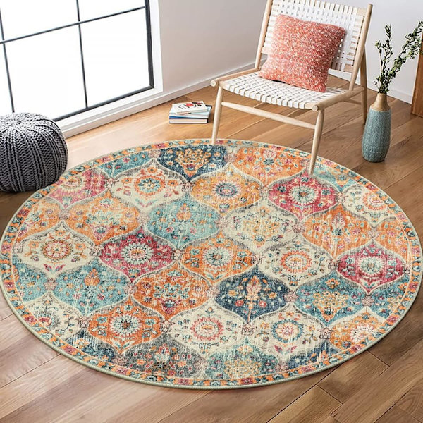Pyöreä matto Vintage Boho -matto Pestävä puuvillamatto Mandala -kuvioitu matto Makuuhuoneeseen Olohuoneeseen Ruokasaliin Keittiöön Sisätiloihin 120cm