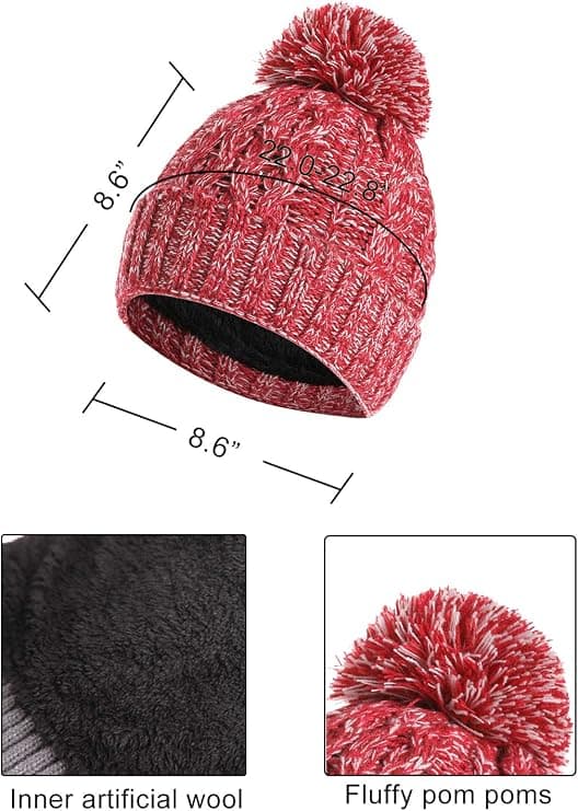 Dam vintermössa set, bobble mössa, pekskärmshandskar och halsduk med fransar red
