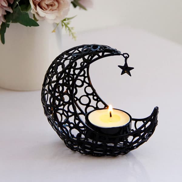 Metall lysestake, lysestake, telys, lysestake, telysholder, månelysstativ, halvmåne lysestake, Ramadan telys black