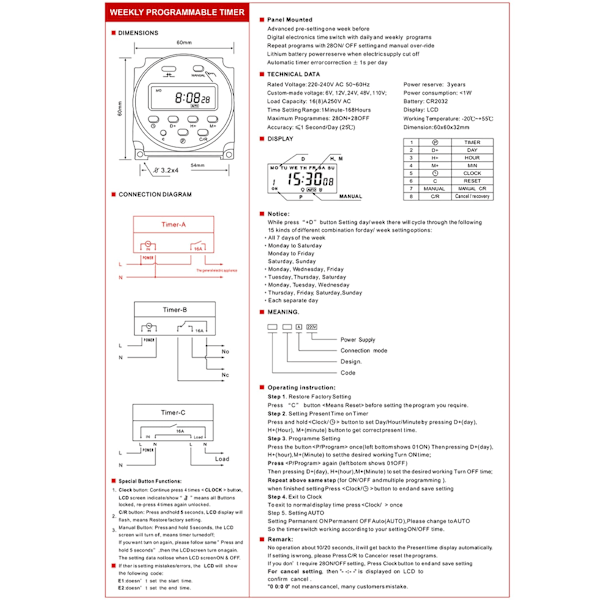 CN101A Programmerbar Timer Bryter SPST Digital LCD-skjerm 12V DC 16A Hvit med Vanntett Deksel