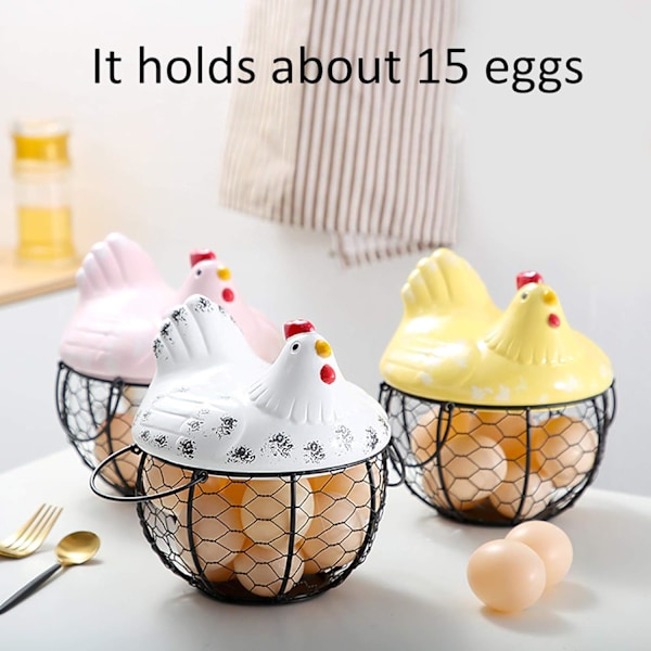 Äggförvaringskorg, med lock i form av en keramisk höna, frukt- och snacksorganisatör White