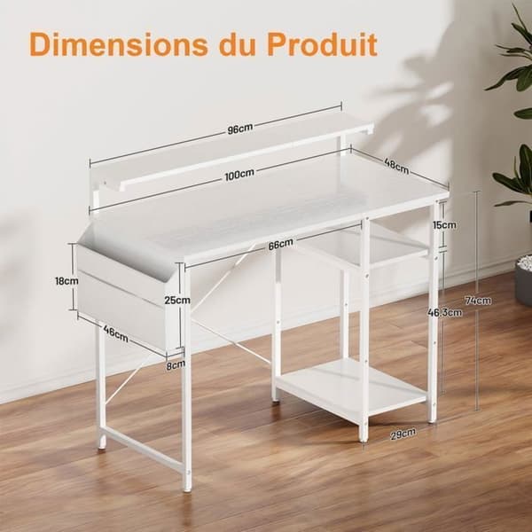 Datorbord - ECOFURNIX - 100 x 48 cm - Tvåvåningsmodell - LED-belysning - Justerbar höjd - Vit Vit