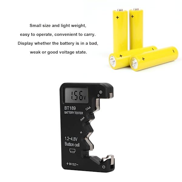 Batteritest, Universal Batterichecker Lille Batteritest til C, , AAA, D, N, 9V, 6F22 Batteri 1.5V 3V Knapcelsbatteri, Sort