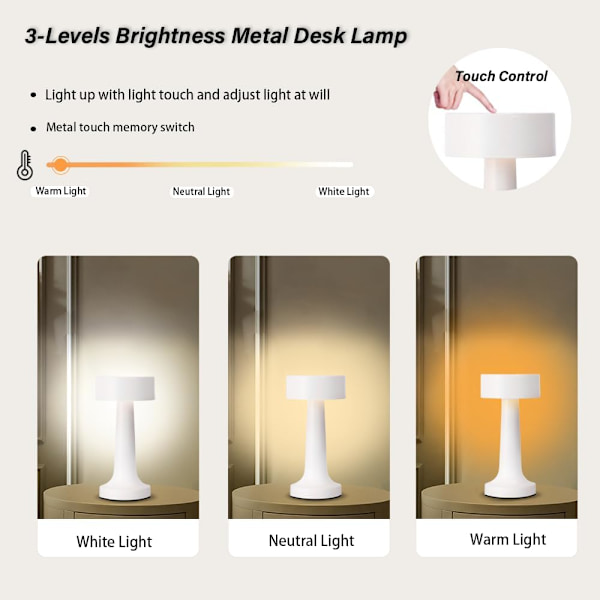 Bærbar LED-bordlampe, 3-trins lysstyrke metal skrivebordslampe, 3 farver berøringskontrol genopladelig lampe, natlys, sengebordslampe (hvid)