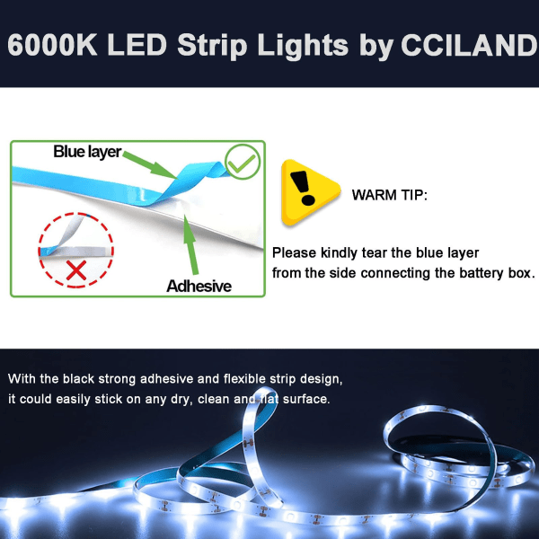 3m LED-striplys med fjernkontroll, vanntett LED-lysstripe, 8 moduser, dimbar, timer, selvklebende (kald hvit) White