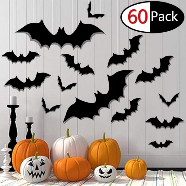 Halloween Bat-klistermärken Väggkonst 3D-klistermärke Festtillbehör Halloween-dekoration 60 st (svart)