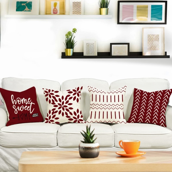 Putetrekk Sett med 4 Lin Putetrekk Dekorative putetrekk til sofa Hageseng Sofapute 45 x 45 cm (sett med 4) red