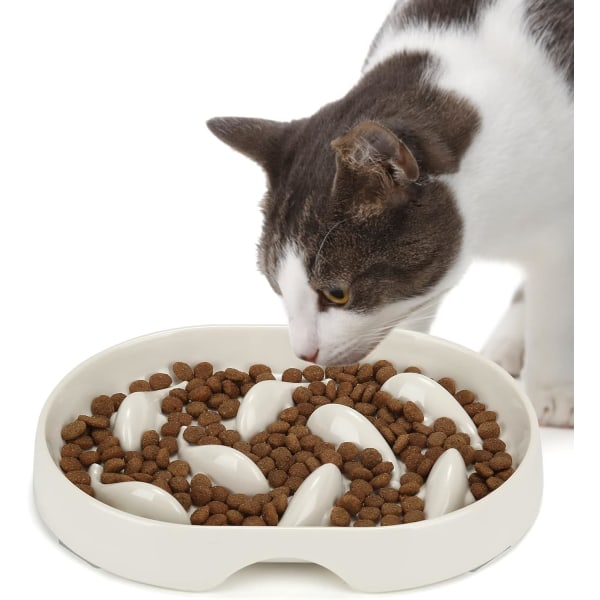 Slow Feeder Cat Bowl Anti-opkastning, Hævet kant Spildsikker Slow Food Cat Bowl til vådfoder/tørfoder, sunde kostholdsskåle til kæledyr (ovale-hvide) White