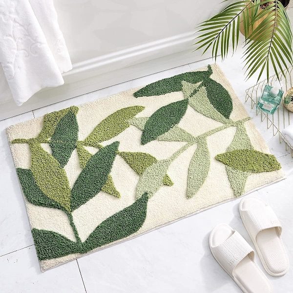 Sklisikker badematte, 40 x 60 cm grønt blad baderomsgulvmatte supermyk og vannabsorberende, maskinvaskbar mikrofiber baderomsmatte leaves