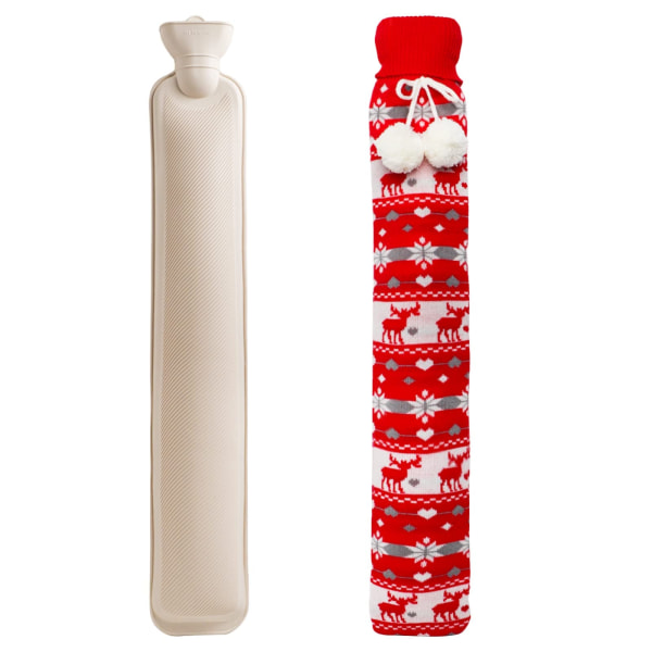 Ekstra lang varmtvannsflaske med deksel UK, 1L varmtvannsflaskepose for kropp Midje Nakke Rygg Skulderhånd, 72 cm full lengde (julerød strikking)