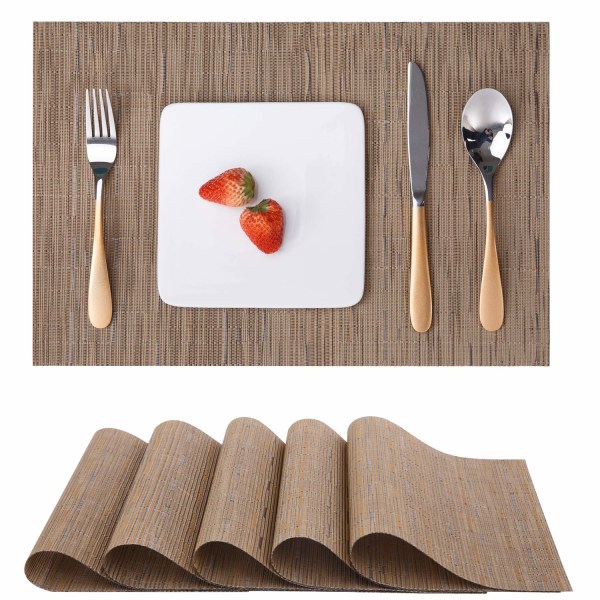 Tvättbara bordstabletter Set om 6, vävda bordstabletter, tvättbara, halkfria, slitstarka, värmebeständiga, tvättbara för kök 30 x 45 cm (brun) Khaki