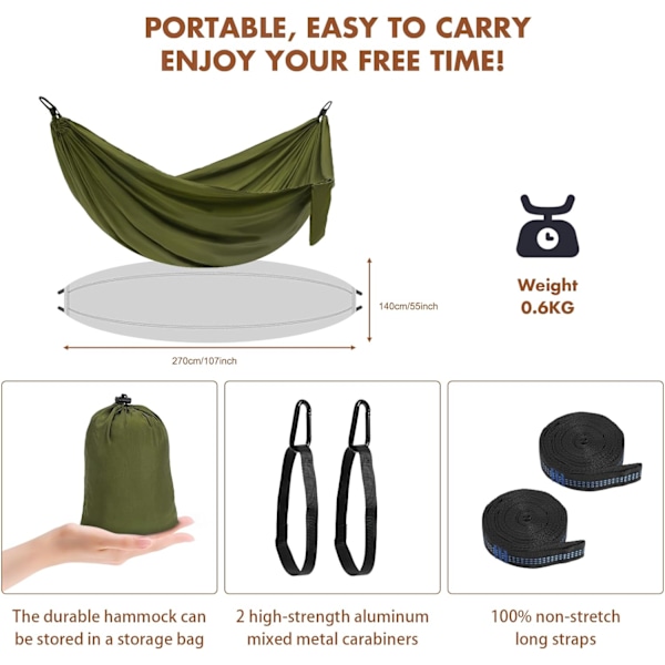 Utomhus Hängmatta Camping Hängmattor Dubbel Hängmatta 300 x 200 cm, Ultralätt Resehängmatta, 210T Fallskärmsnylon Hängmatta för Trädgård Strand, Armégrön