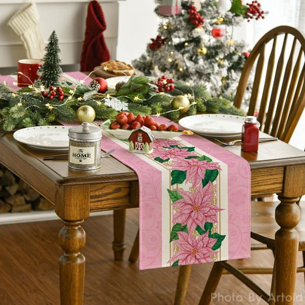 Vattenfärgsjulstjärna Rosa Julbordsskydd, Säsongsbetonad Vinter Jul Semester Kök Matbord Dekoration 13 x 72 Tum, Rosa