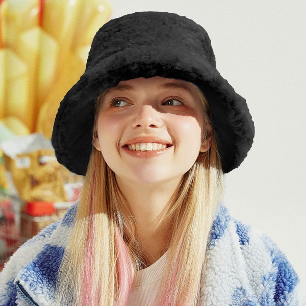 Vinter Bucket Hat - Kvinder Plysset Fisker Hat Varm Pil Lamb Wool Bucket Hat Fuzzy Pels Plys Soft Tykk Bred Skygge Plys Hat til Kvinder Piger Black