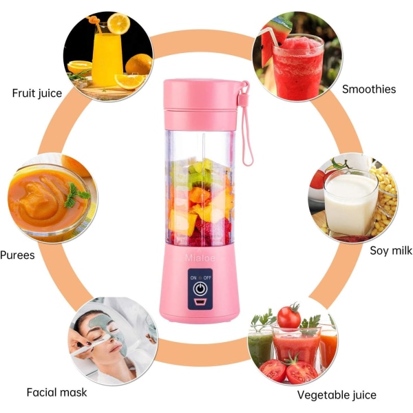 Bærbar blender, personlig størrelse elektrisk USB juicerkopp, frukt, smoothie, babymatblander med oppdatert 6 blader blanding 380ml (rosa)