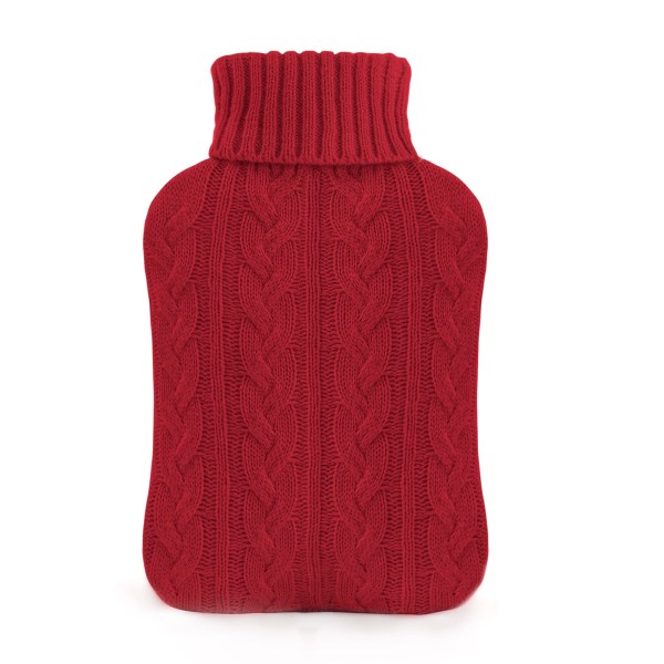 Varmtvandsflaske med strikket betræk, varmtvandspose til varm og kold kompres, håndføddervarmer, smertelindring i nakke og skulder, rød Red