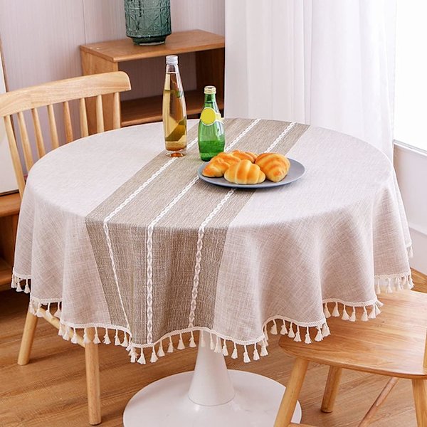 Rundt nordisk stil borddug, bomuldslinned stribet borddæksel, 140 cm