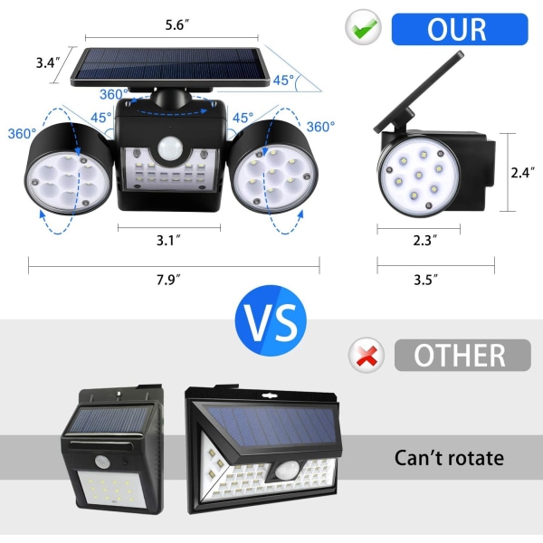 Solar Outdoor Light, 30 LED vedenpitävä aurinkoseinävalaisin kahdella päällä 360 astetta kääntyvä turvayövalo ulkoterassipuutarhaan