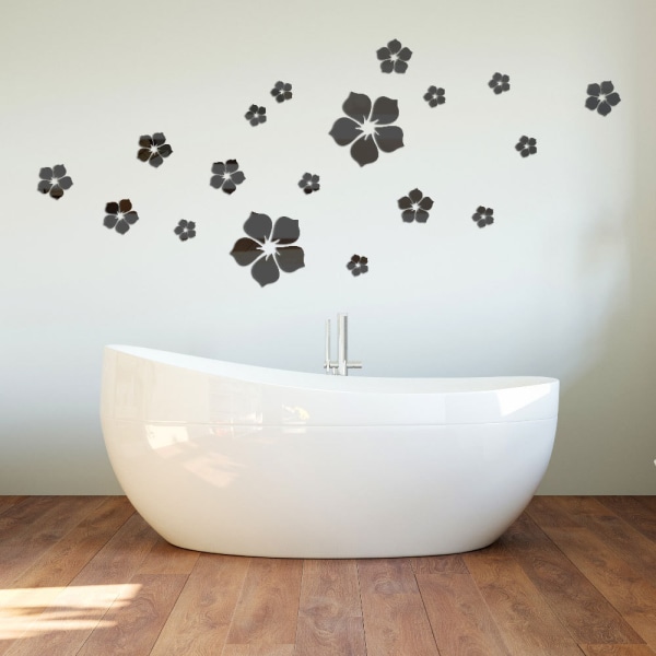 Pakkauksessa 18 seinätarraa akryylikukkia 3D-peiliseinätarroja seinäkoristeita hopea seinätarroja olohuoneeseen makuuhuoneeseen kylpyhuone toimistoon black