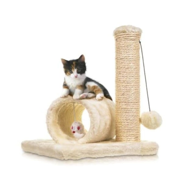 Katteskrapestolpe, tretårn og tunnel - Kattungetårn 29 cm med musefelle og hengende ball - Grå sisal skrapestolpe for innekatter Beige