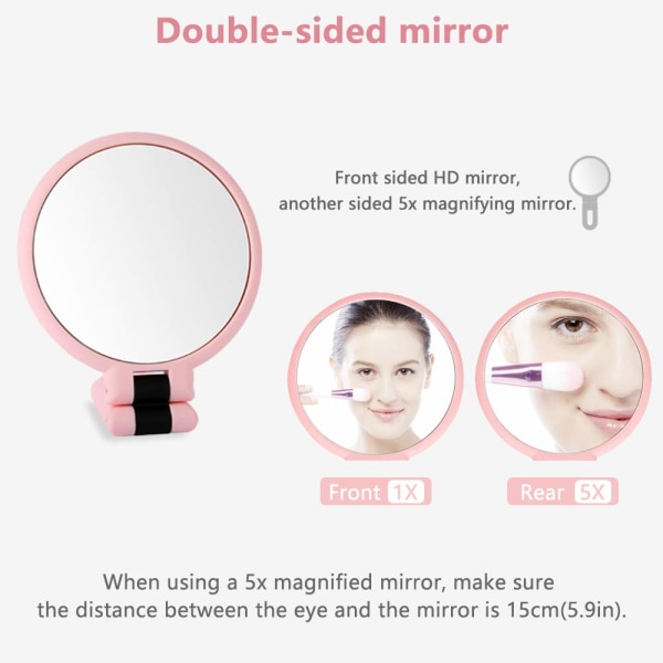 Makeup-spejl dobbeltsidet 5X/1X forstørrelsesglas, håndholdt spejl med foldehåndtag, kompakt kosmetisk makeup-spejl (pink) Pink