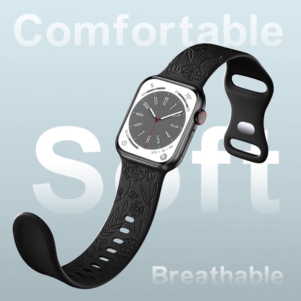 Blomstergravert rem kompatibel med Apple Watch-rem 38mm 40mm 41mm for kvinner, erstatningsrem for iWatch Series SE 9 8 7 6 5 4 3 2 1, svart Black