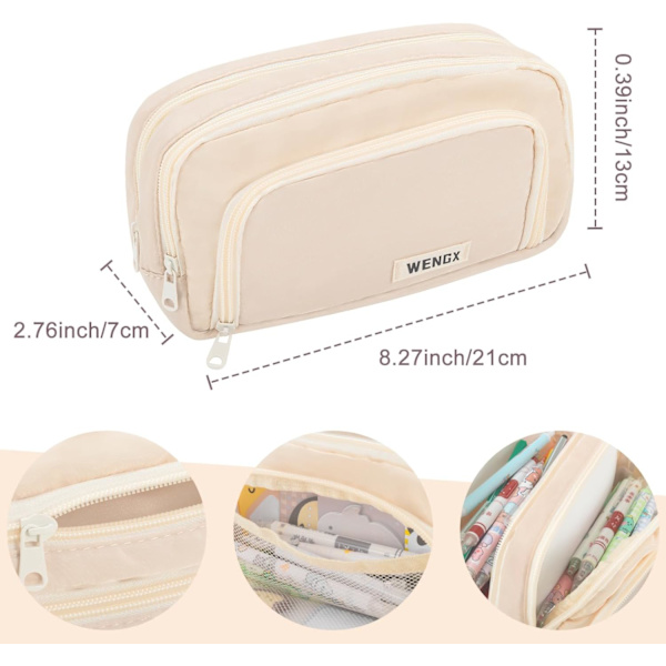 Pennfodral med stor kapacitet, dragkedja smidig pennfodral för flickor pojkar med 4 fack pennväska kontorsmaterial arrangör sminkväska (vit) Beige