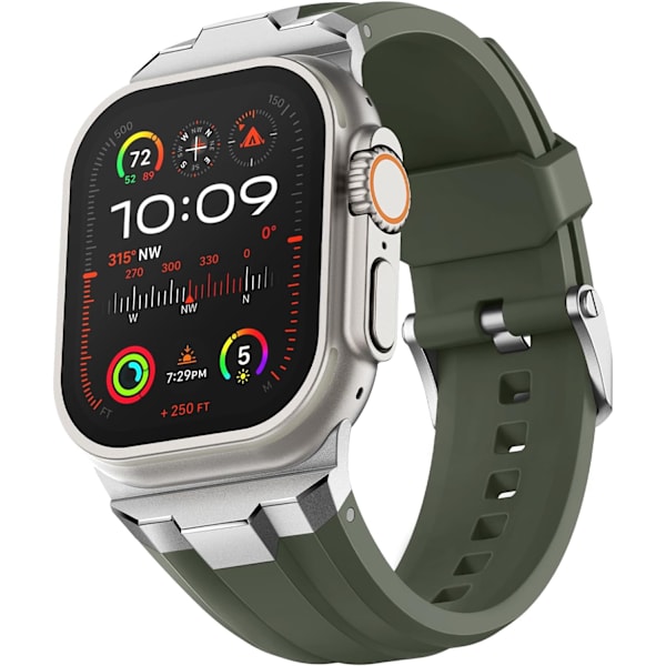 Apple Watch-armband 49 mm 45 mm 44 mm 42 mm, silikonarmband med 316L rostfritt stål-anslutningar för iWatch Series 9 8 7 6 5 4 3 2 1 Ultra (grön) Silver green