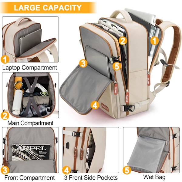 Rejsetaske til bærbar computer, flygodkendt håndbagage, vandtæt stor rygsæk til vandreture (29x24x11,5cm) Beige