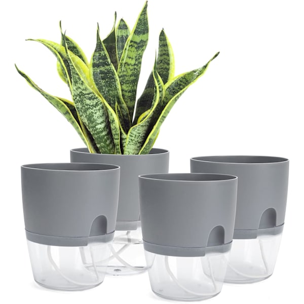 Självbevattnande blomkruka för inomhusbruk, blomkrukor med bevattningssystem grå (4 st) Grey