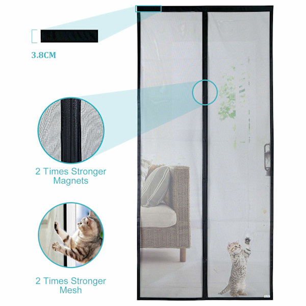 Myggnät dörr, magnetisk insektsskydd balkongdörr 90 x 210 cm, kattsäker, starkare magneter, 3,8 cm bred kardborreband, kan inte förkortas black 90*210cm