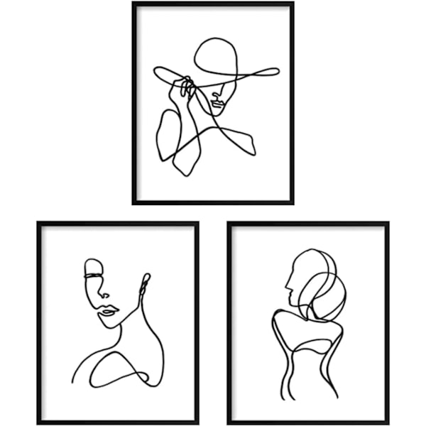 3 st Poster Minimalistisk Linjekonst Tryck ，Svart Vit Ansiktsritning Målningar Bildhängande Kit för Sovrum Vardagsrum, 20x25cm