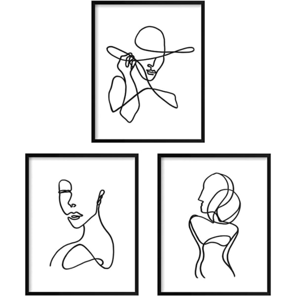 3 stk. plakat minimalistisk stregtegningstryk ，sort-hvid ansigtstegningsmalerier Billedophængningssæt til soveværelse stue, 20x25cm