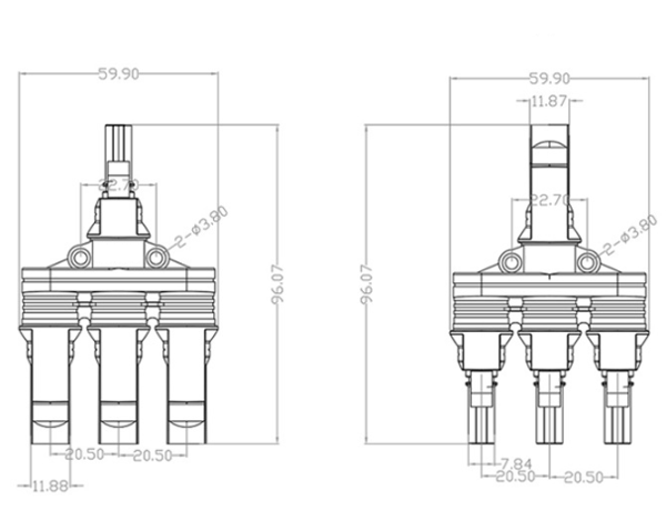 MC-4 stik, han/hun MC-4 solpanel T-stik (M/3F,F/3M)